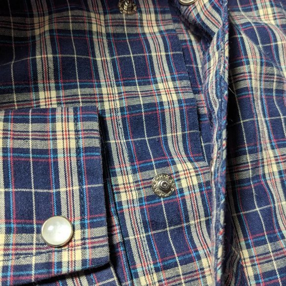 Vintage Wrangler Pearl Snap Blue plaid long sleeve lightweight Large Western‎ - Picture 3 of 7